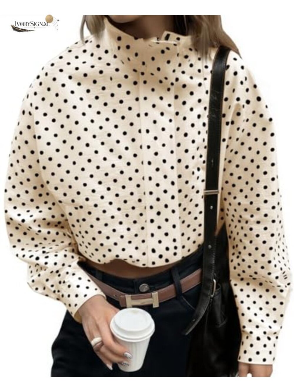 Polka Dot Cropped Zip Up Jacket Oversized Casual Coat